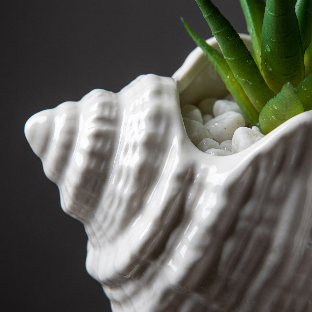 Close-up of glazed ceramic shell planter texture and detail