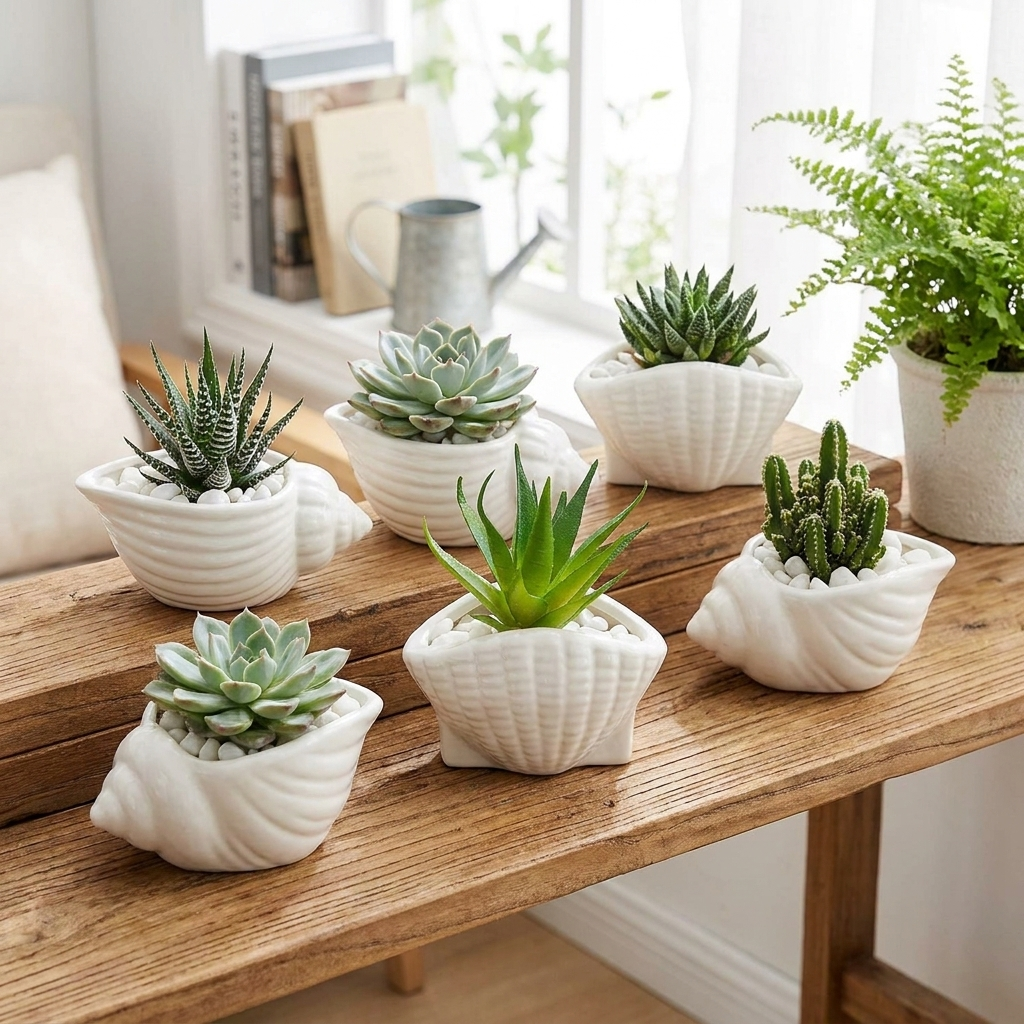 Full set of 6 ceramic shell planters with succulents displayed together
