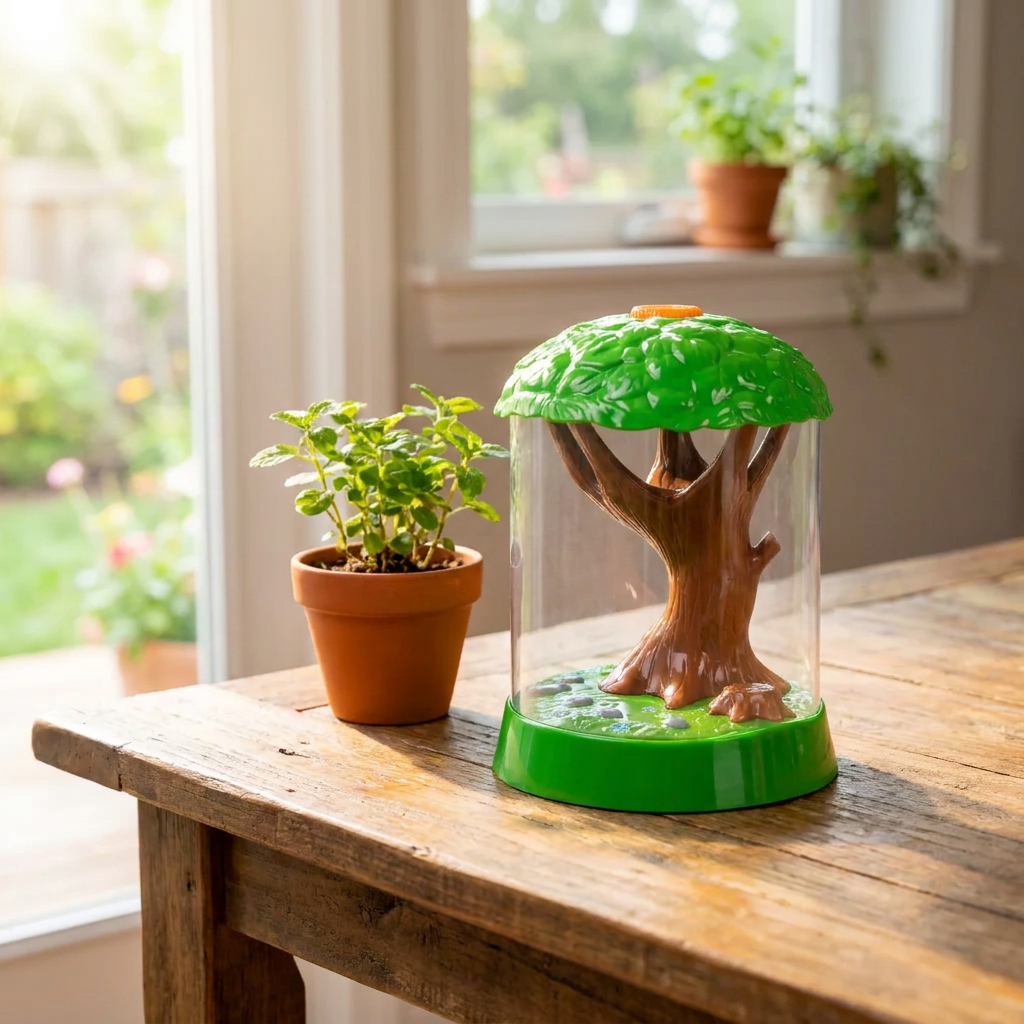 Ladybug habitat on a sunny windowsill with a plant