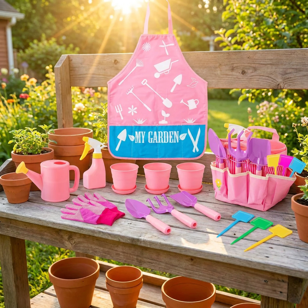 Pink kids' gardening set on a sunny garden potting bench