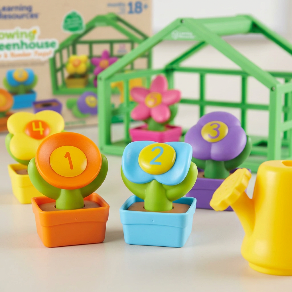 Close-up of numbered toy flowers and pots