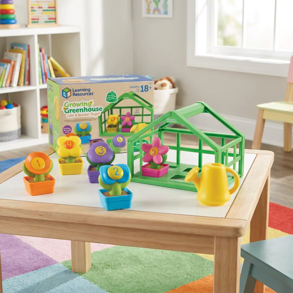 Colorful greenhouse learning toy in a bright playroom