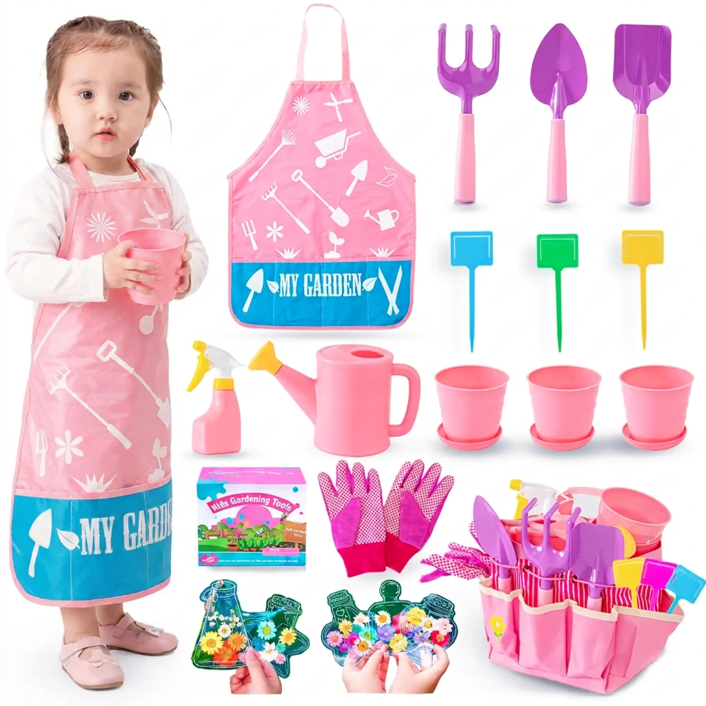 Pink kids' gardening tool set with metal rake, trowel and watering can