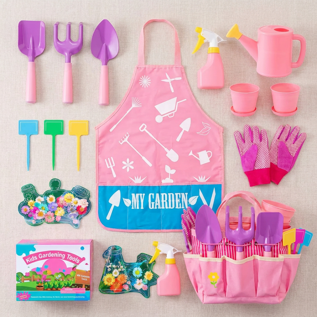 Flat lay of all pieces in the pink kids gardening kit