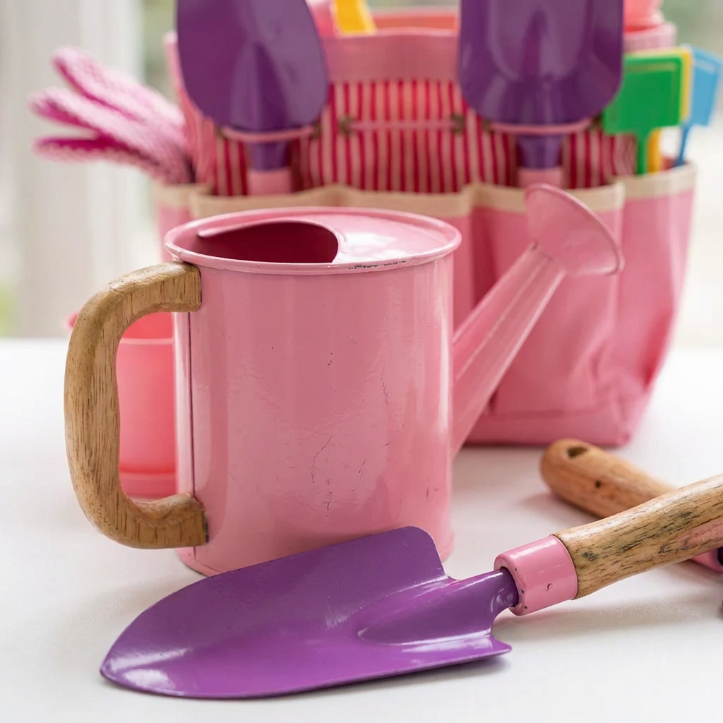 Close-up of the pink metal watering can and trowel
