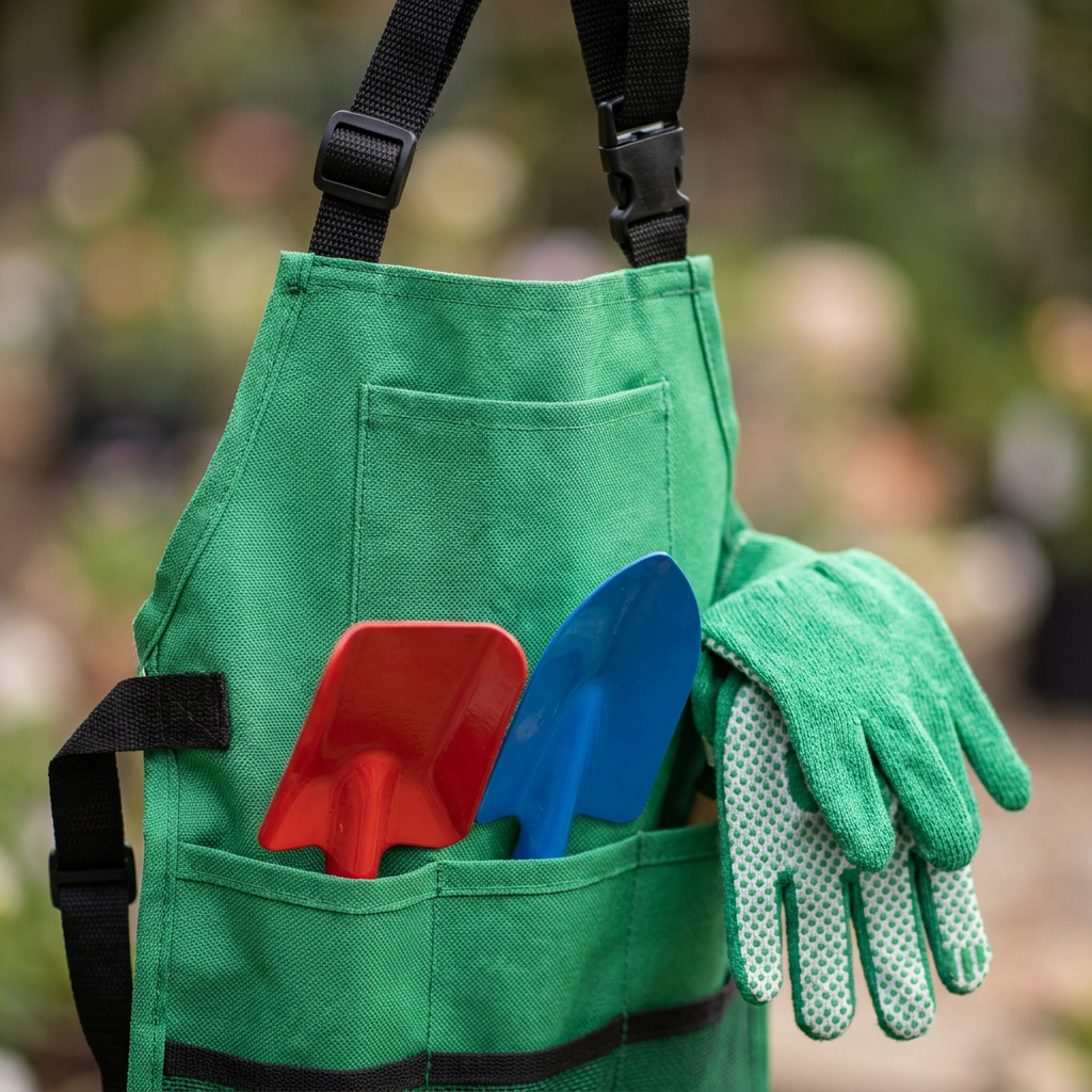Close-up of the kids' garden apron and gloves
