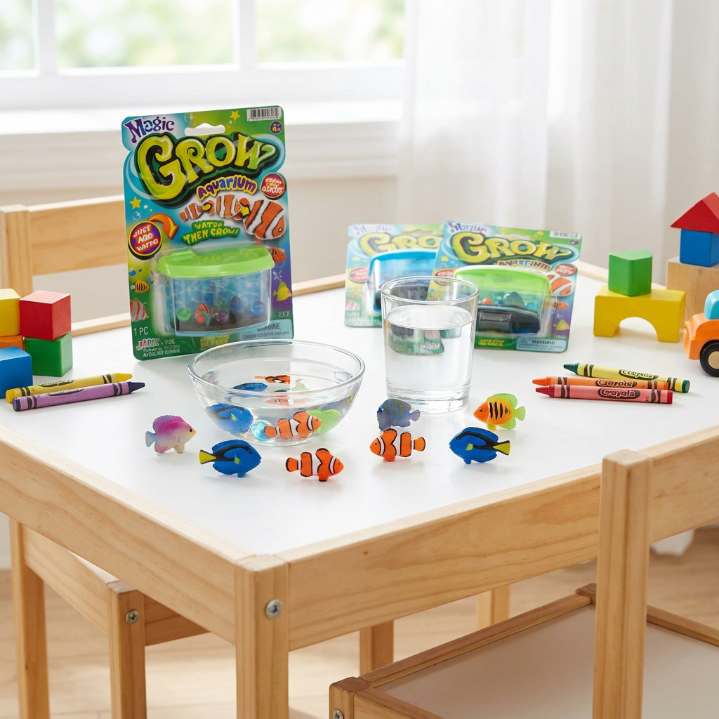 Colorful sea creature toys beside a glass of water