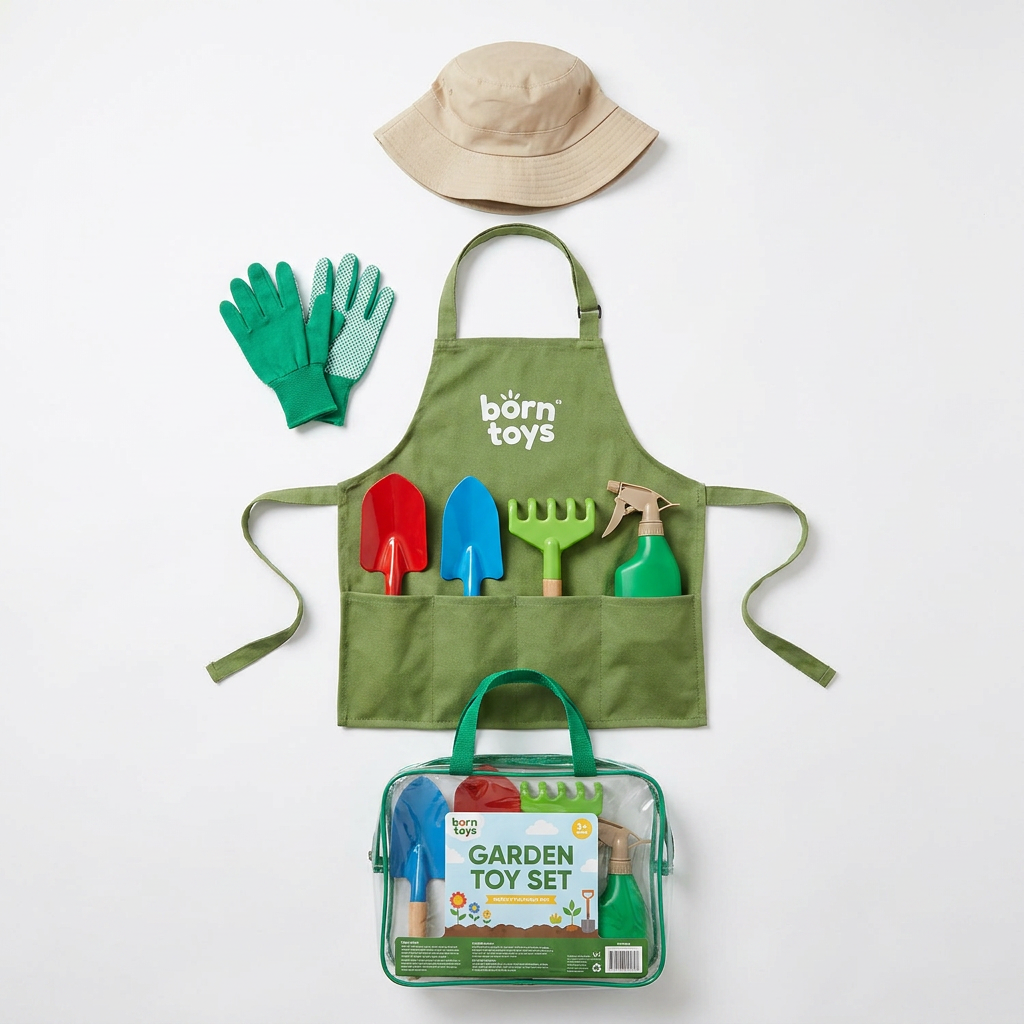 Kids' gardening dress-up set with apron, sun hat and tools