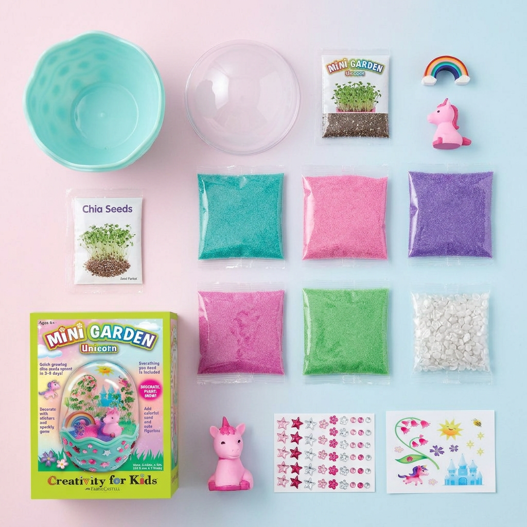 Flat lay of unicorn terrarium kit contents
