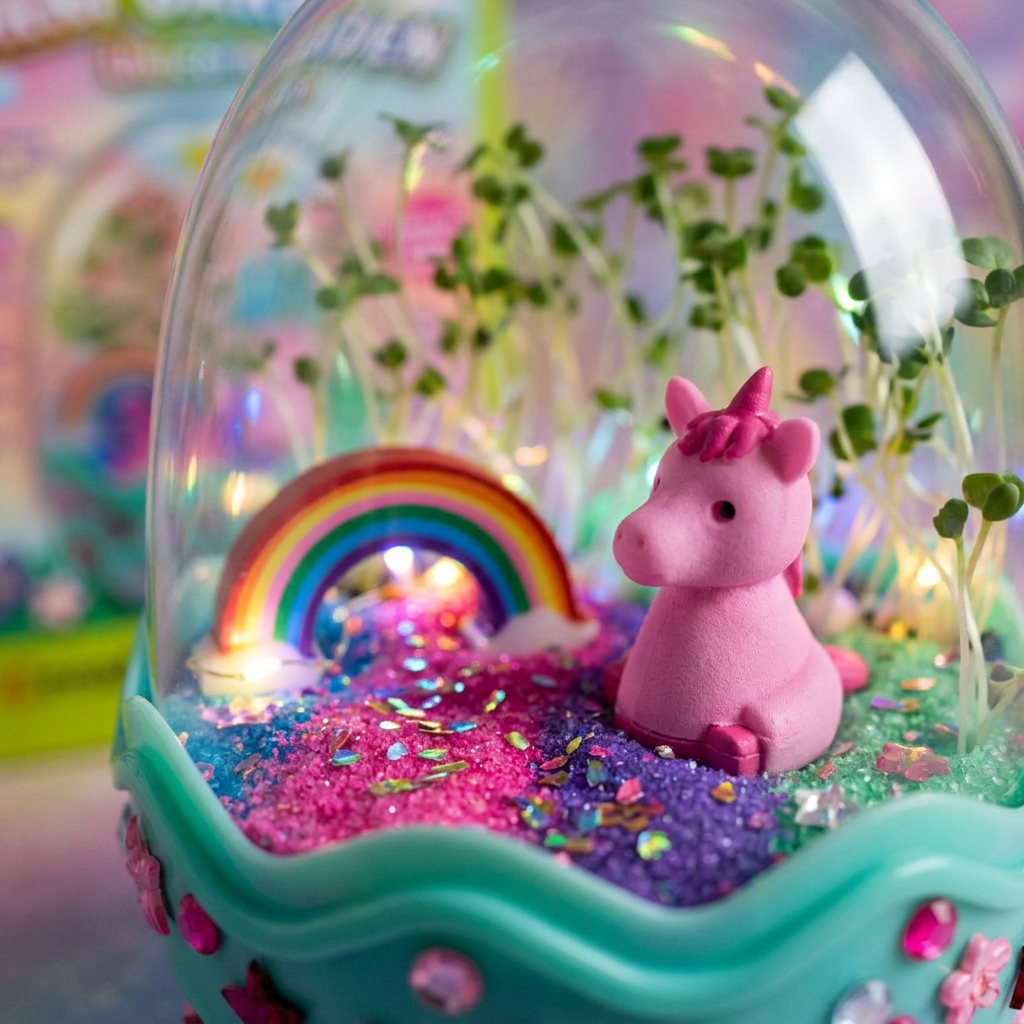 Close-up of unicorn figure and sprouting chia grass