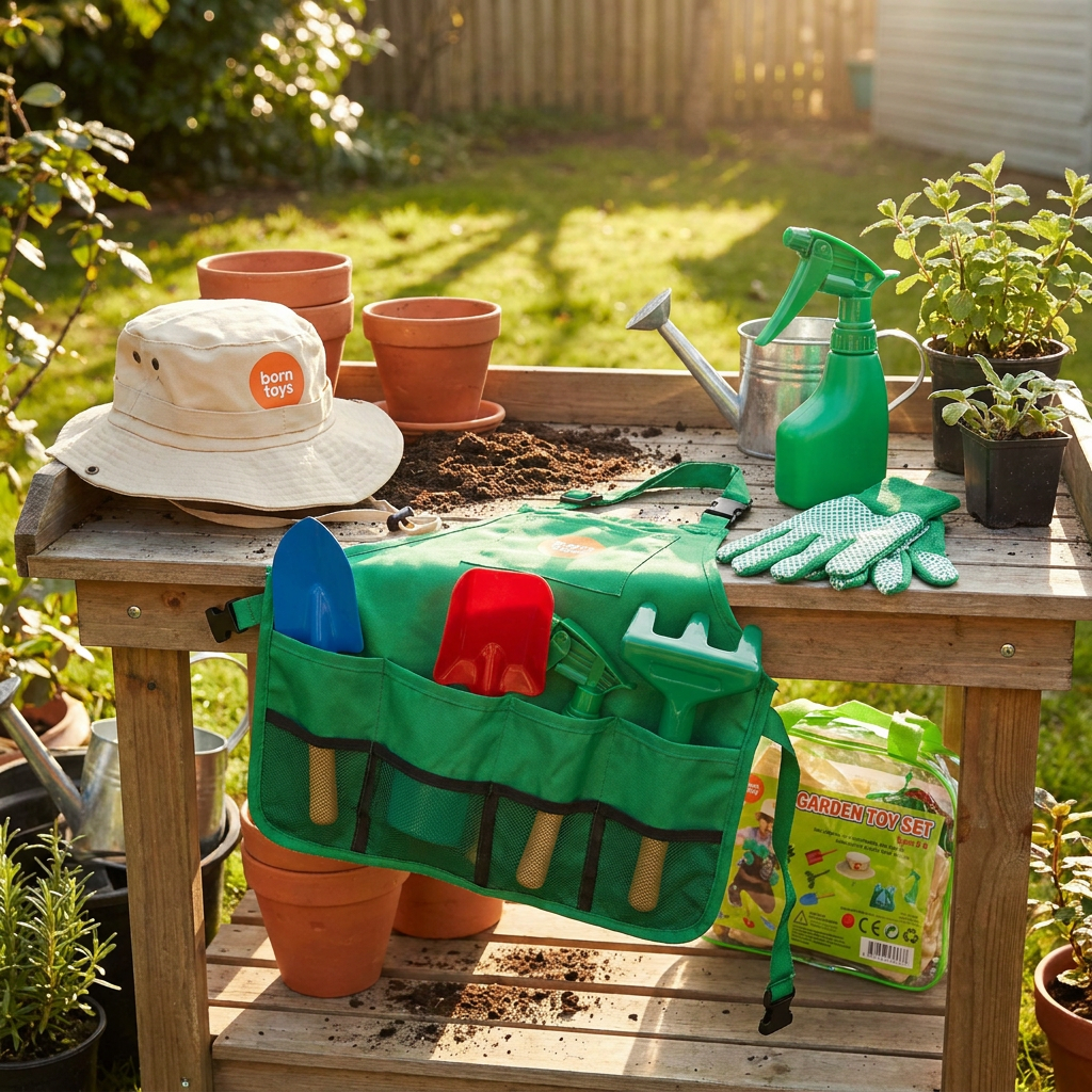 Kids' gardening apron and tools on a sunny potting bench