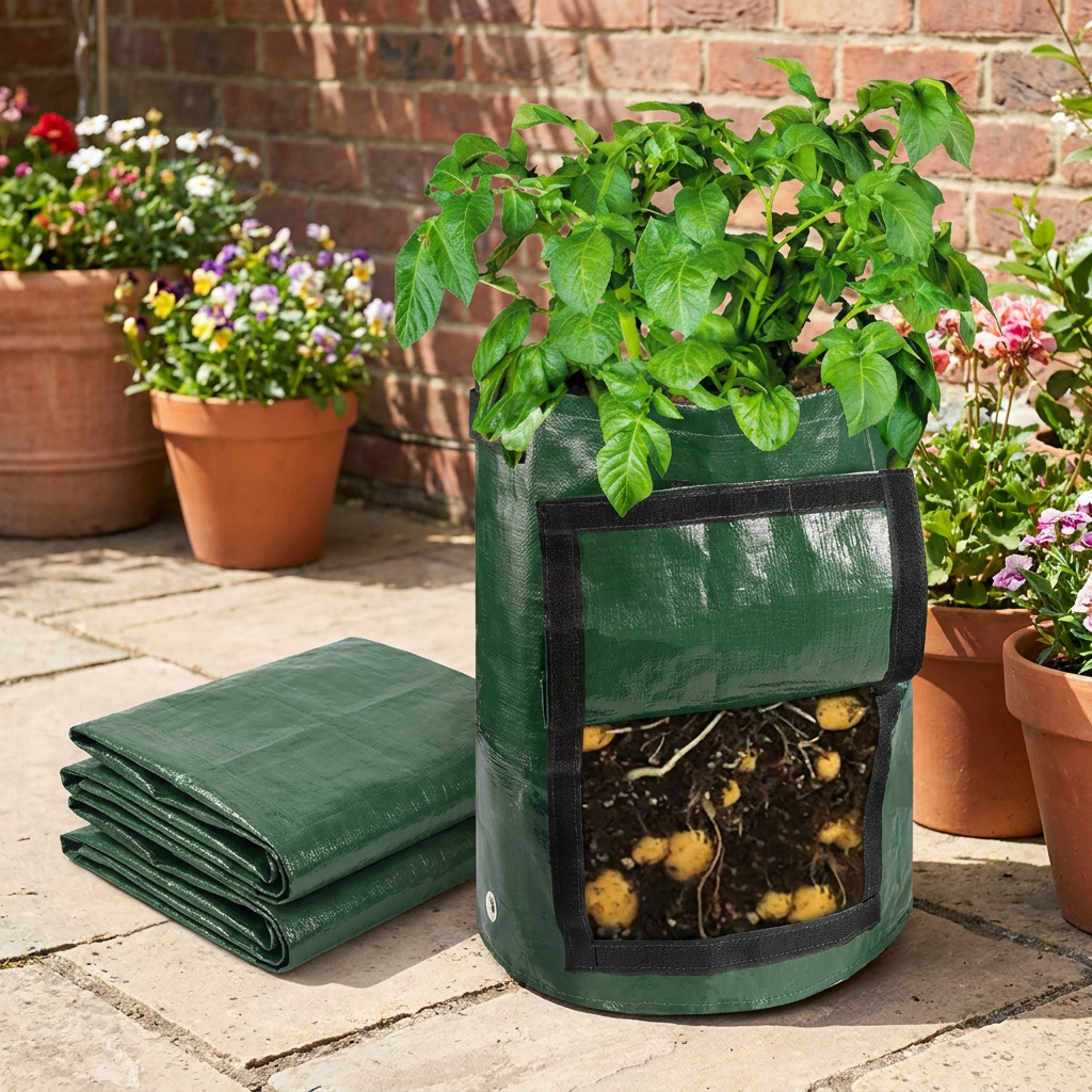 Grow bag with a thriving potato plant beside folded empty bags