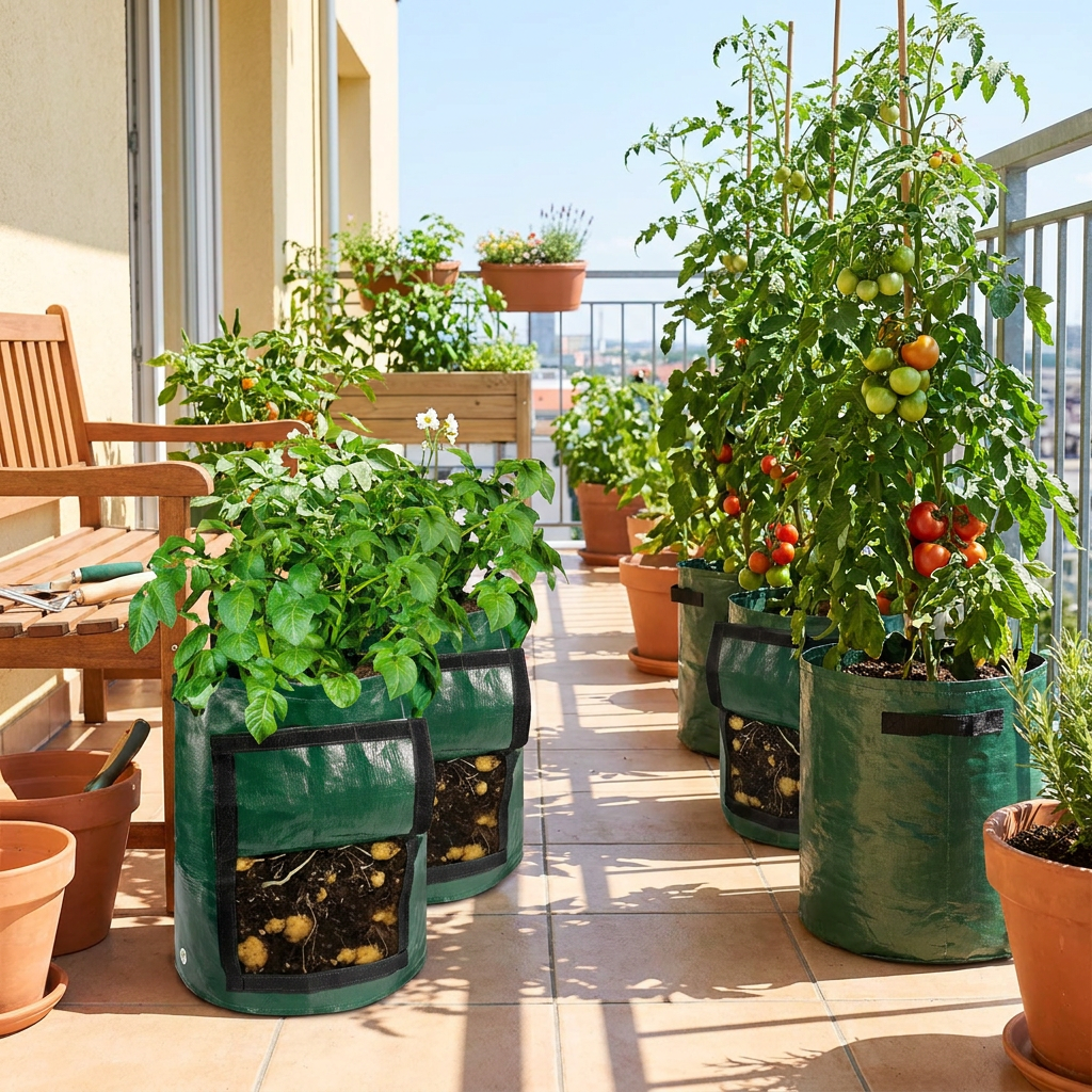 Fabric grow bags with tomato and potato plants on a sunny patio