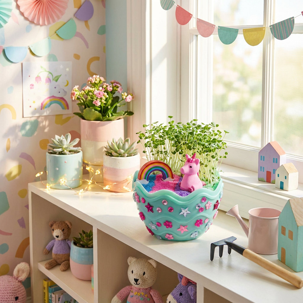 Completed unicorn terrarium garden on a bright shelf