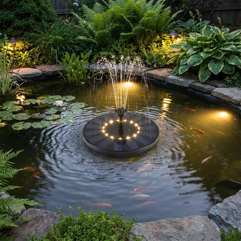 Solar fountain aerating a serene garden pond at dusk