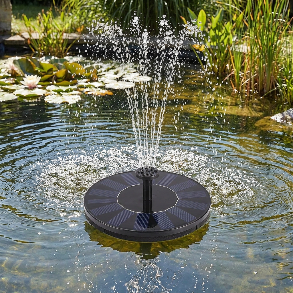 Solar fountain spraying water in a sunlit backyard pond