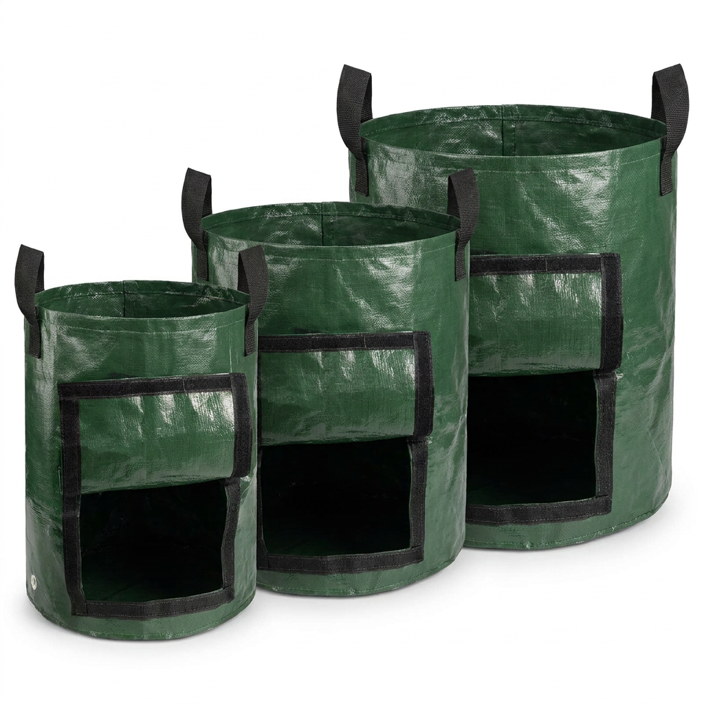Set of green breathable fabric grow bags in three sizes
