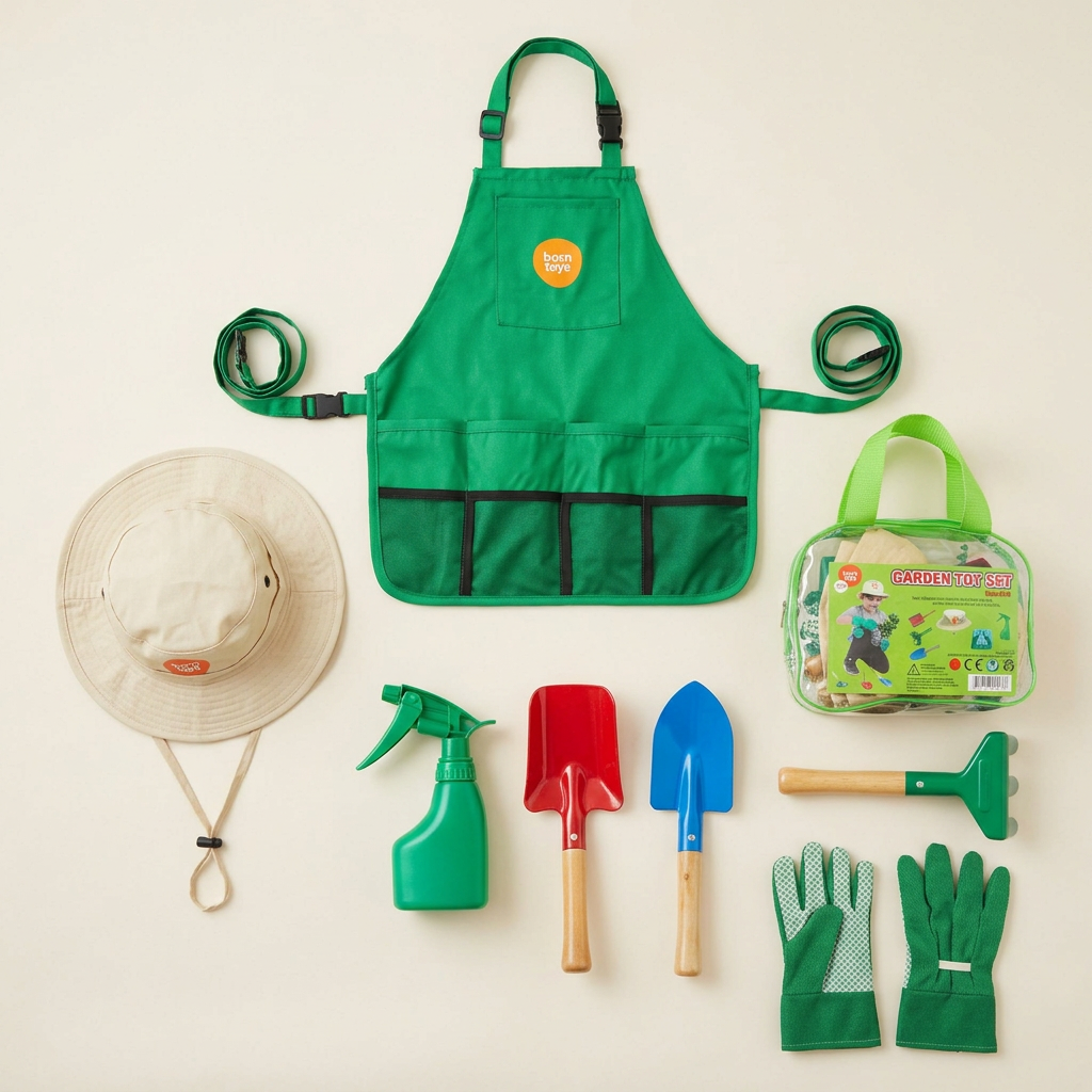Flat lay of the complete kids gardening dress-up kit
