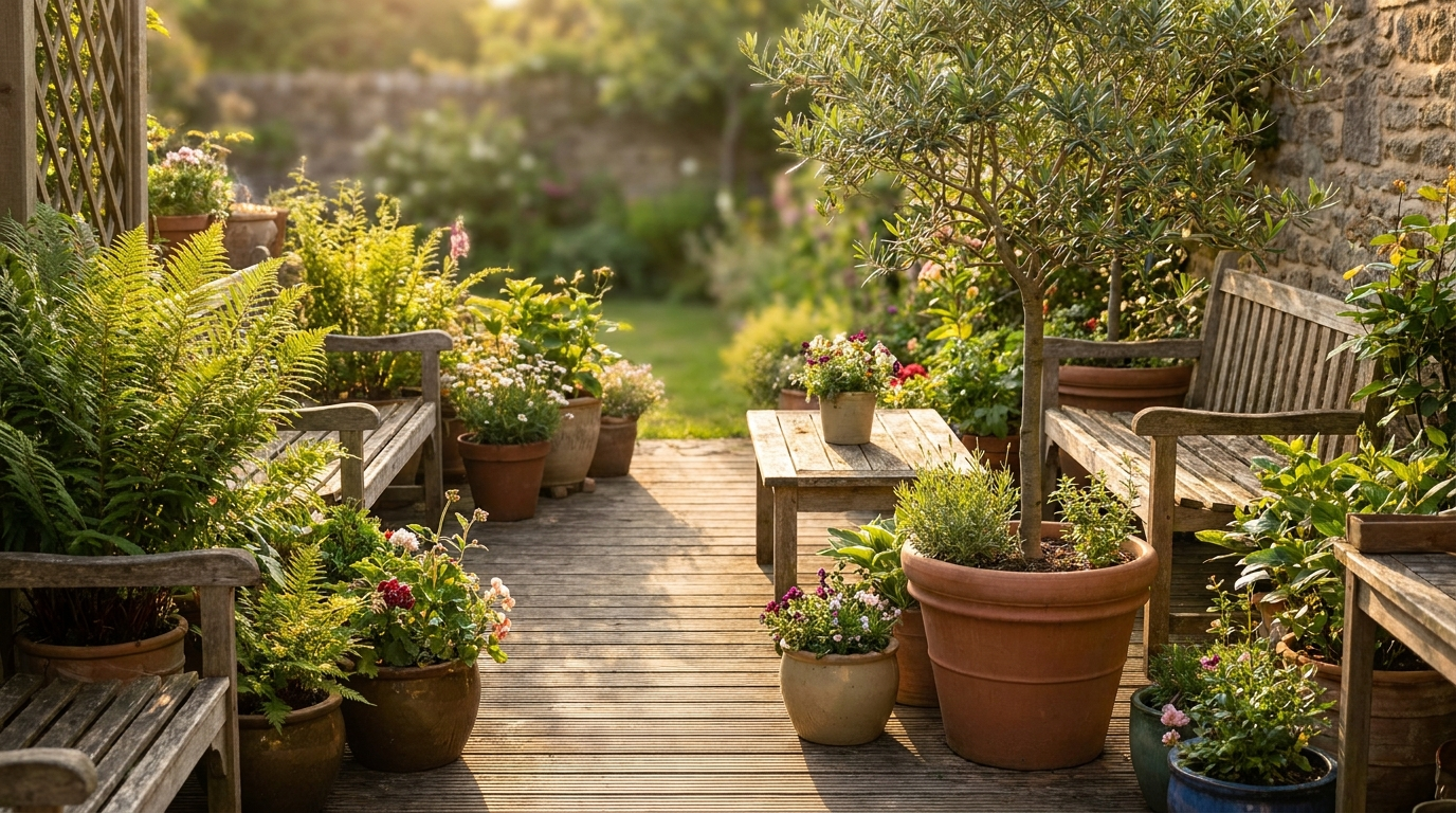 A cozy garden patio filled with potted plants