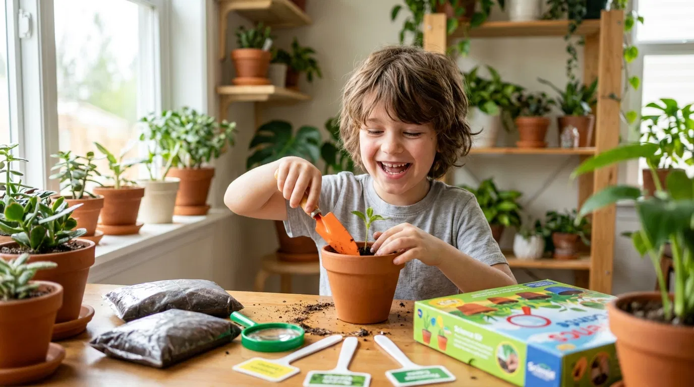 A happy kid using a gardening kit indoors, surrounded by houseplants