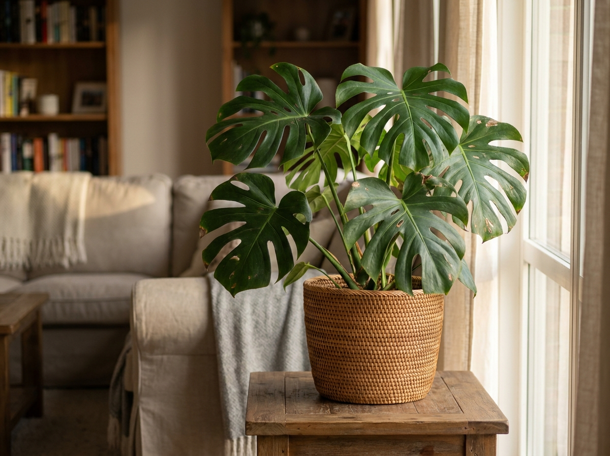 A monstera plant in a woven basket in a cozy living room