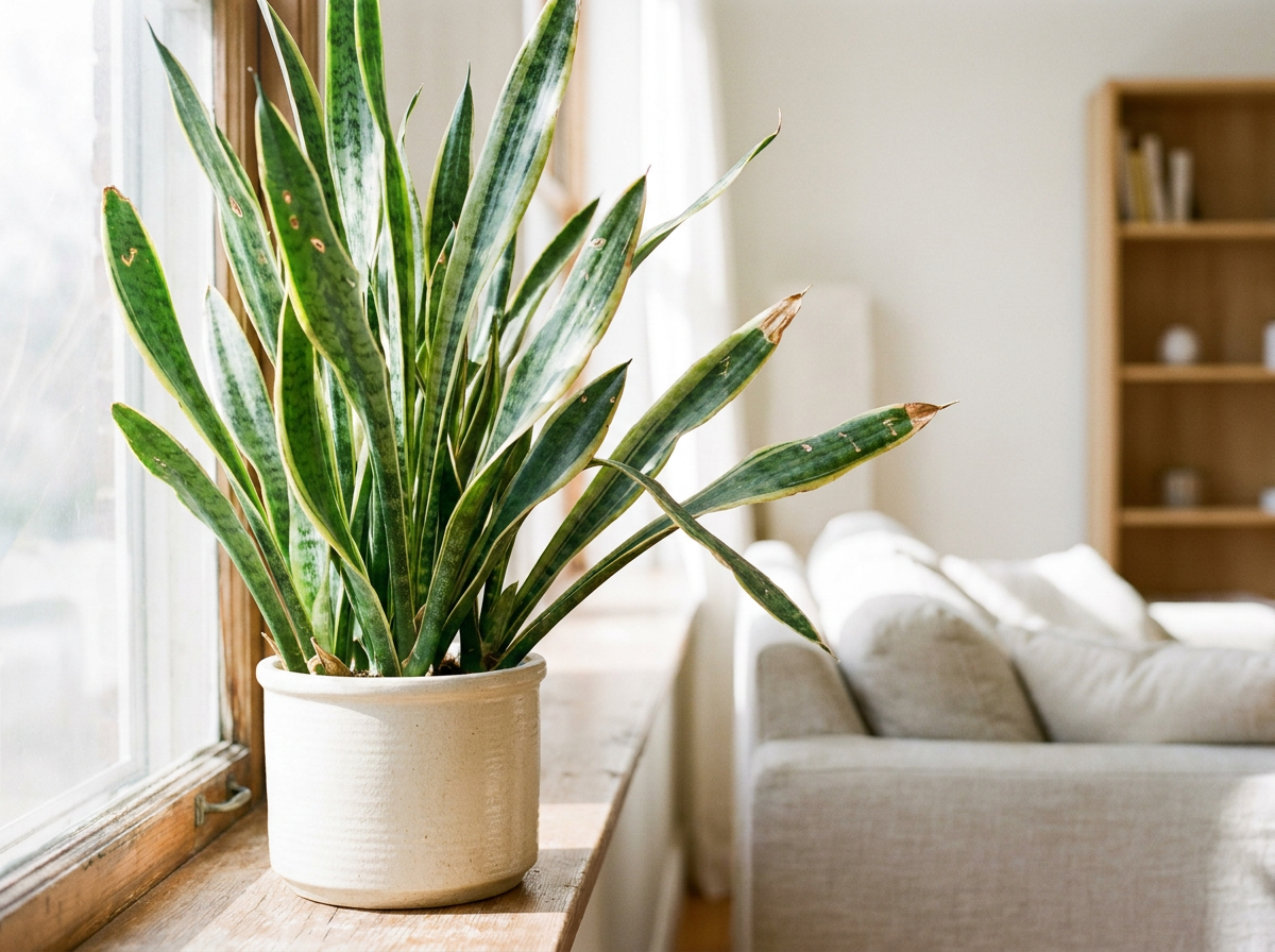 A snake plant on a sunny windowsill
